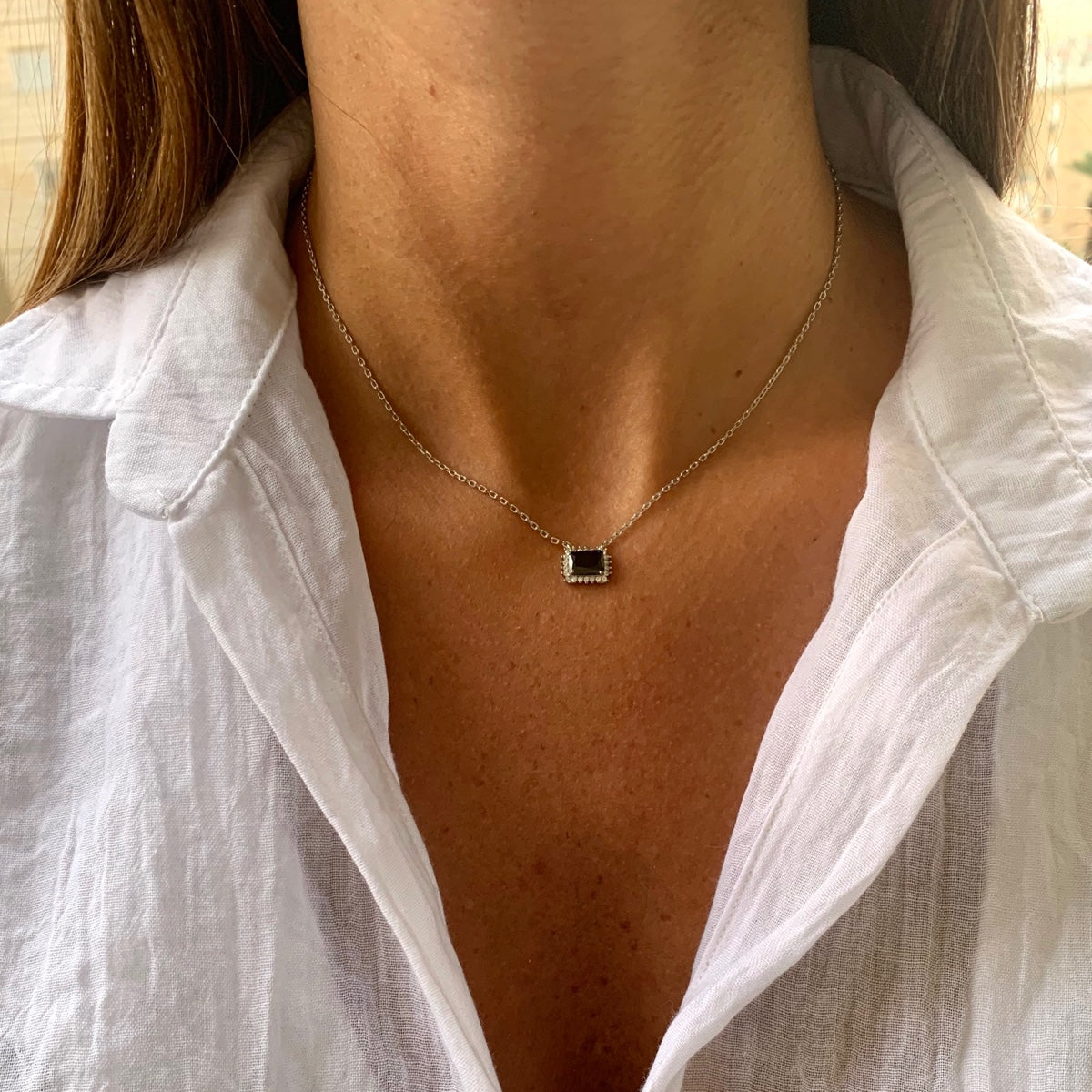 Rectangular Pendant Necklace with Black Stone