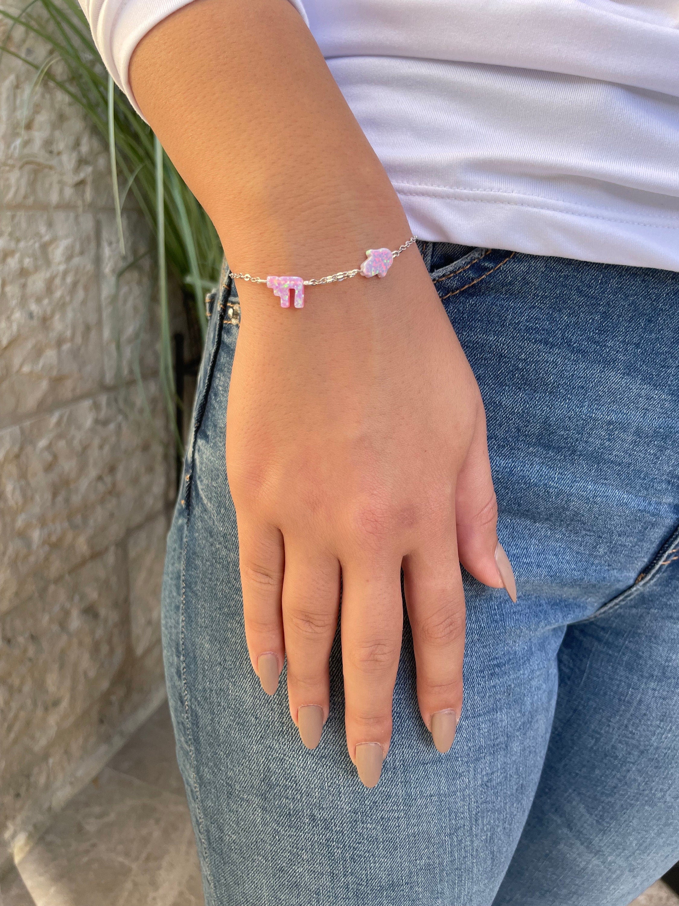 Chai+hamsa bracelet opal stones