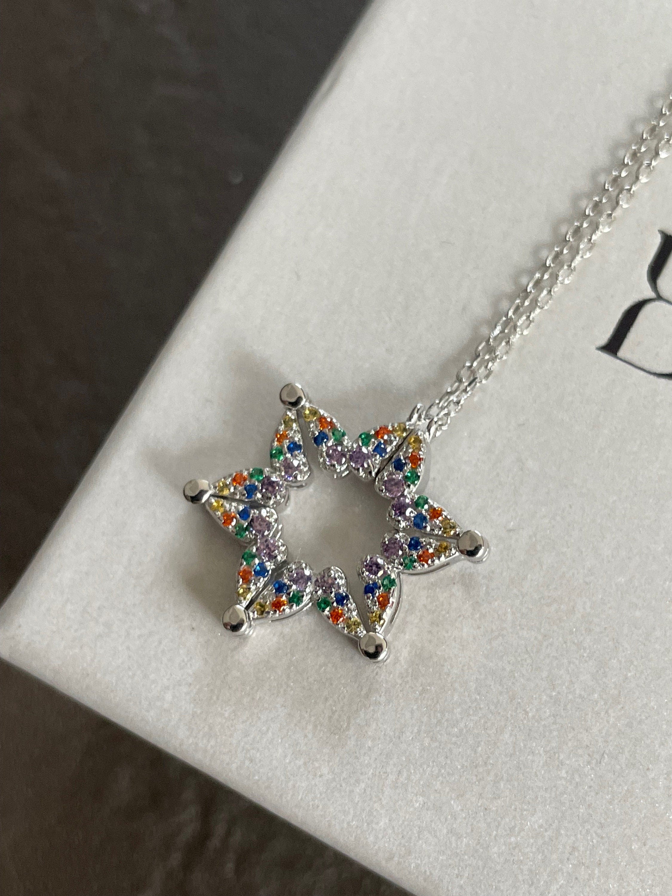 Butterfly Star of David Pendant Necklace, Intermittent Vibrant Colors