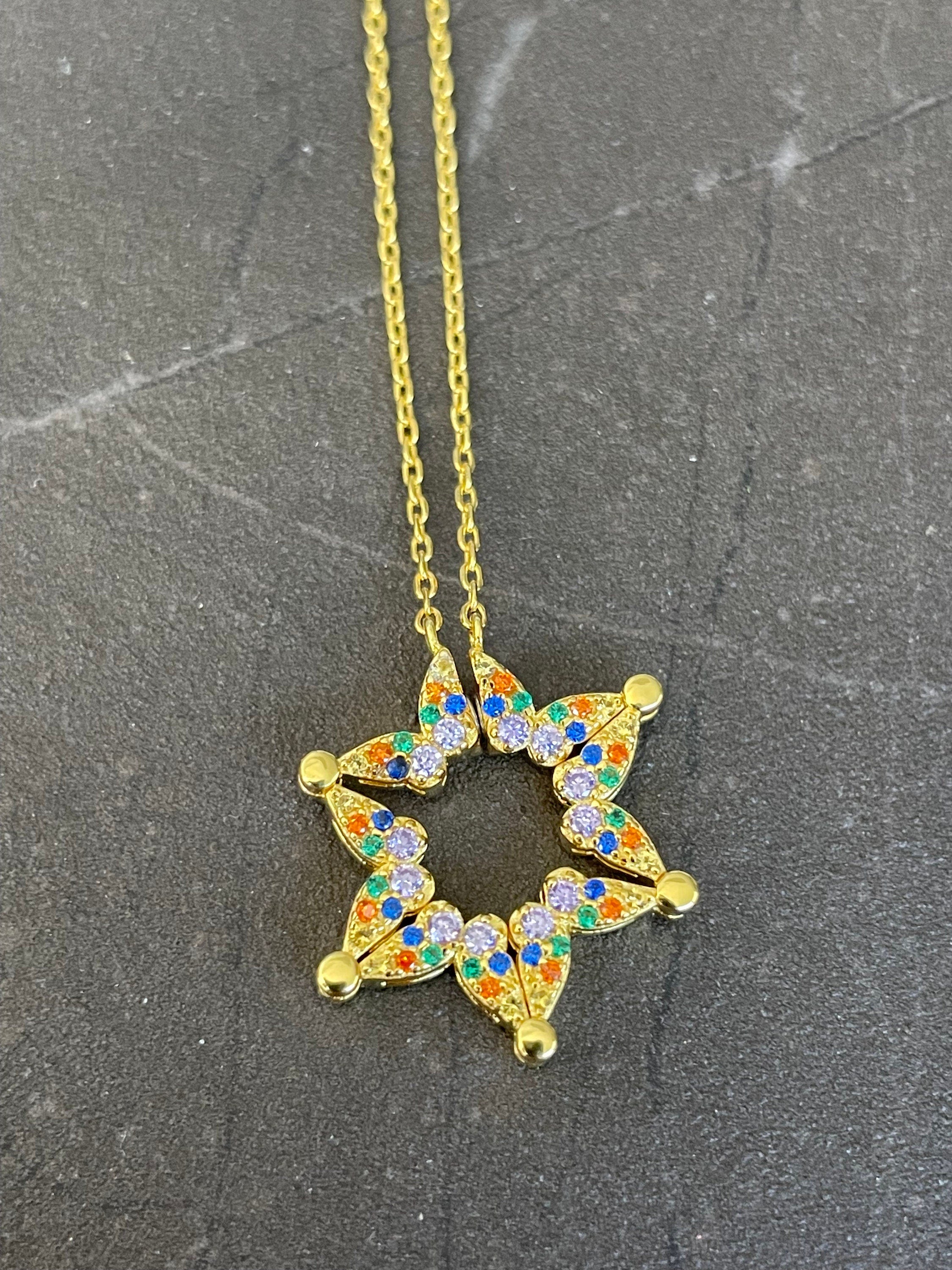 Butterfly Star of David Pendant Necklace, Intermittent Vibrant Colors
