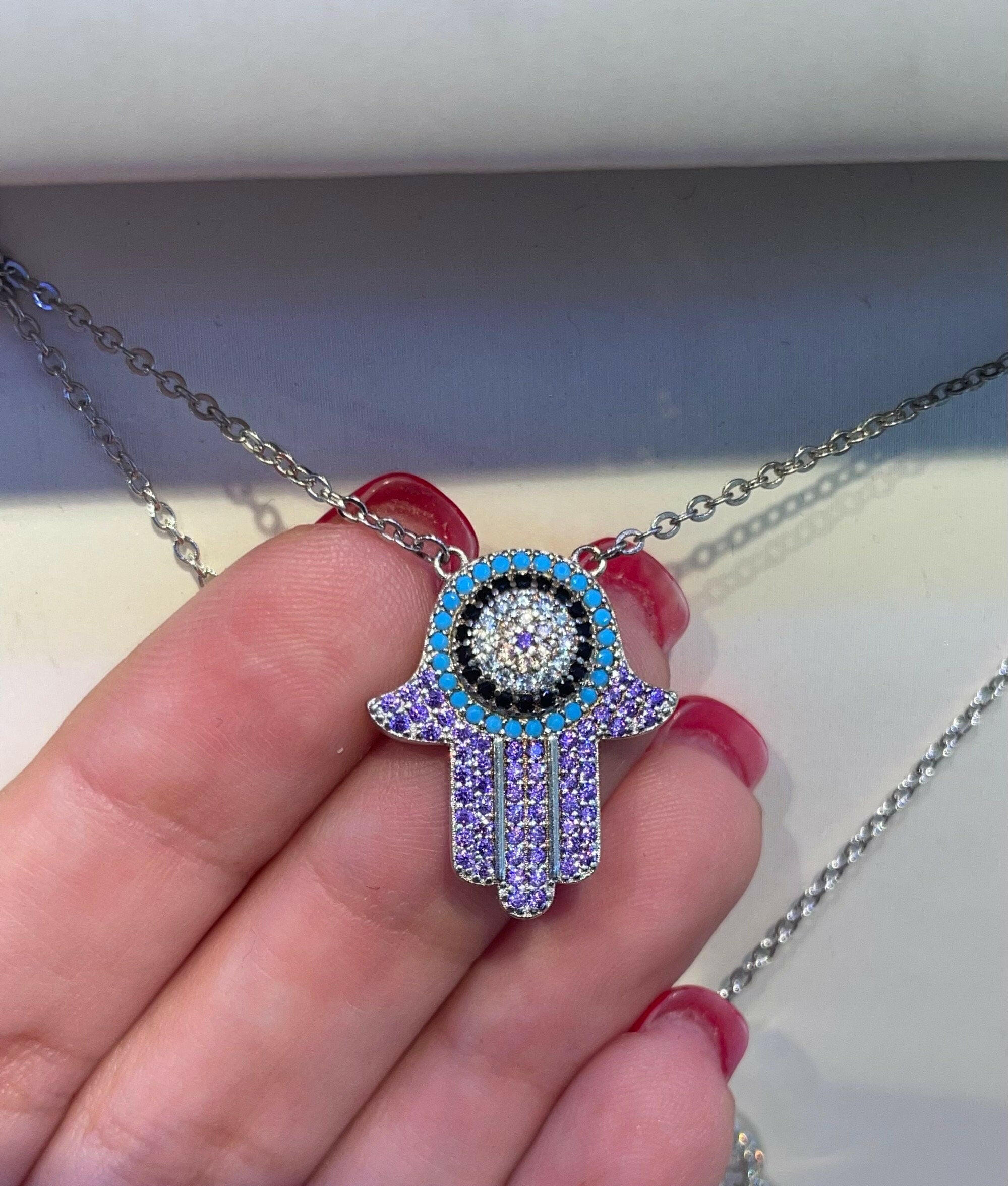 Purple hamsa necklace