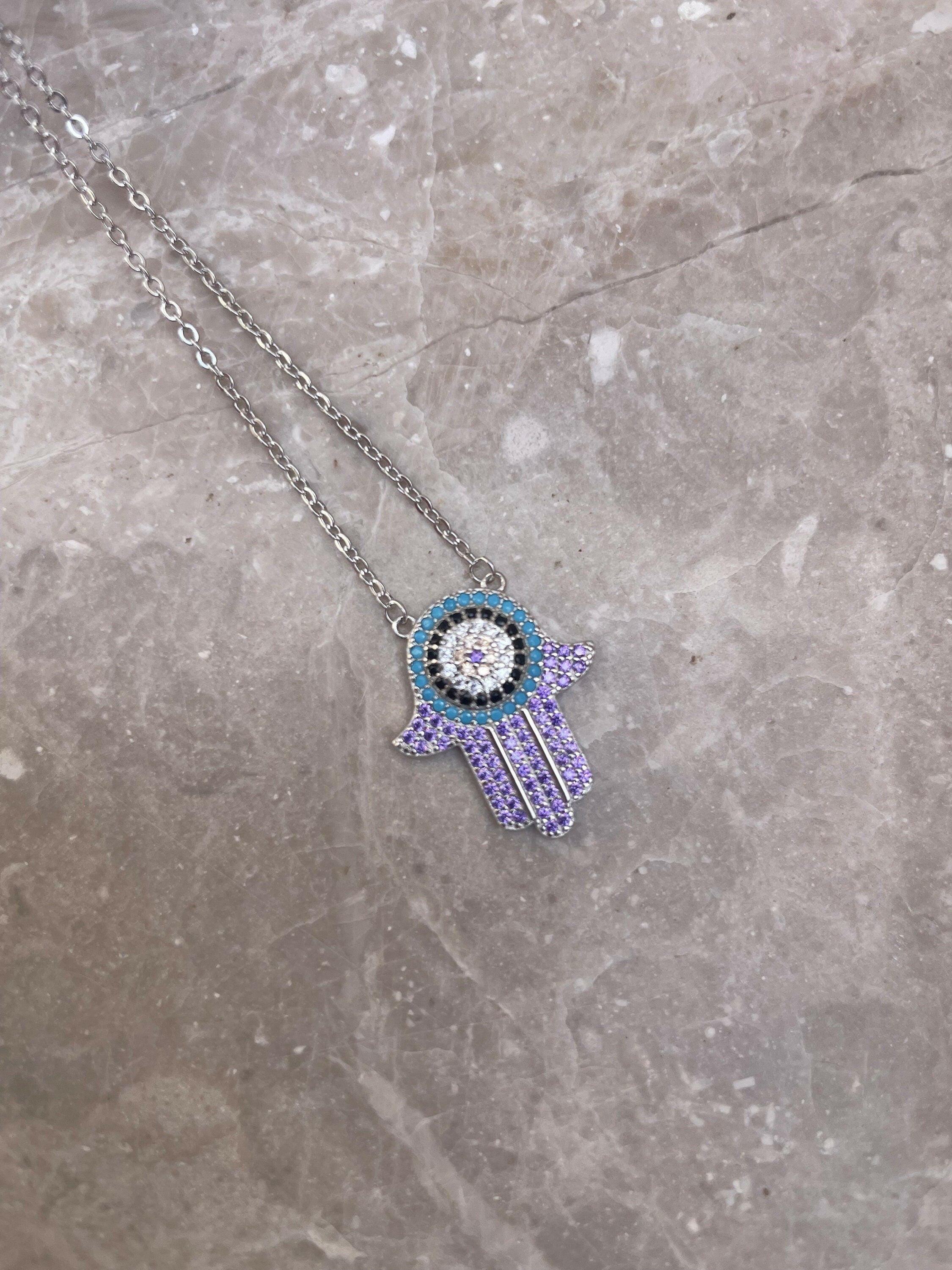 Purple hamsa necklace