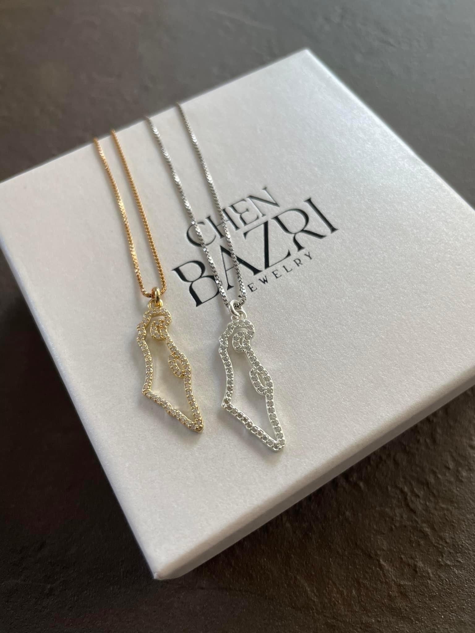 Hollow Israel map necklace with CZ