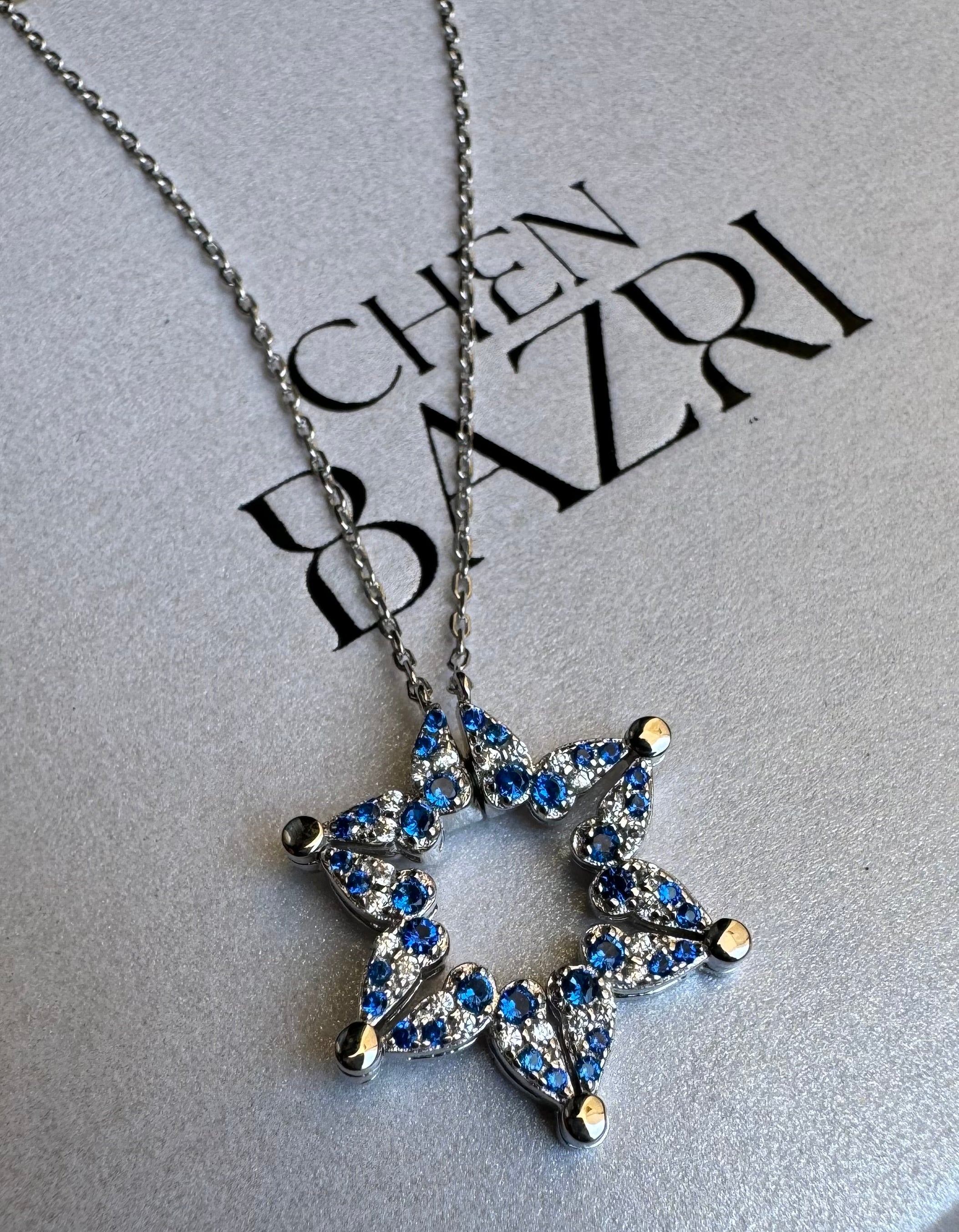 ‏"Blue & White Dotted Butterfly Magen David Necklace