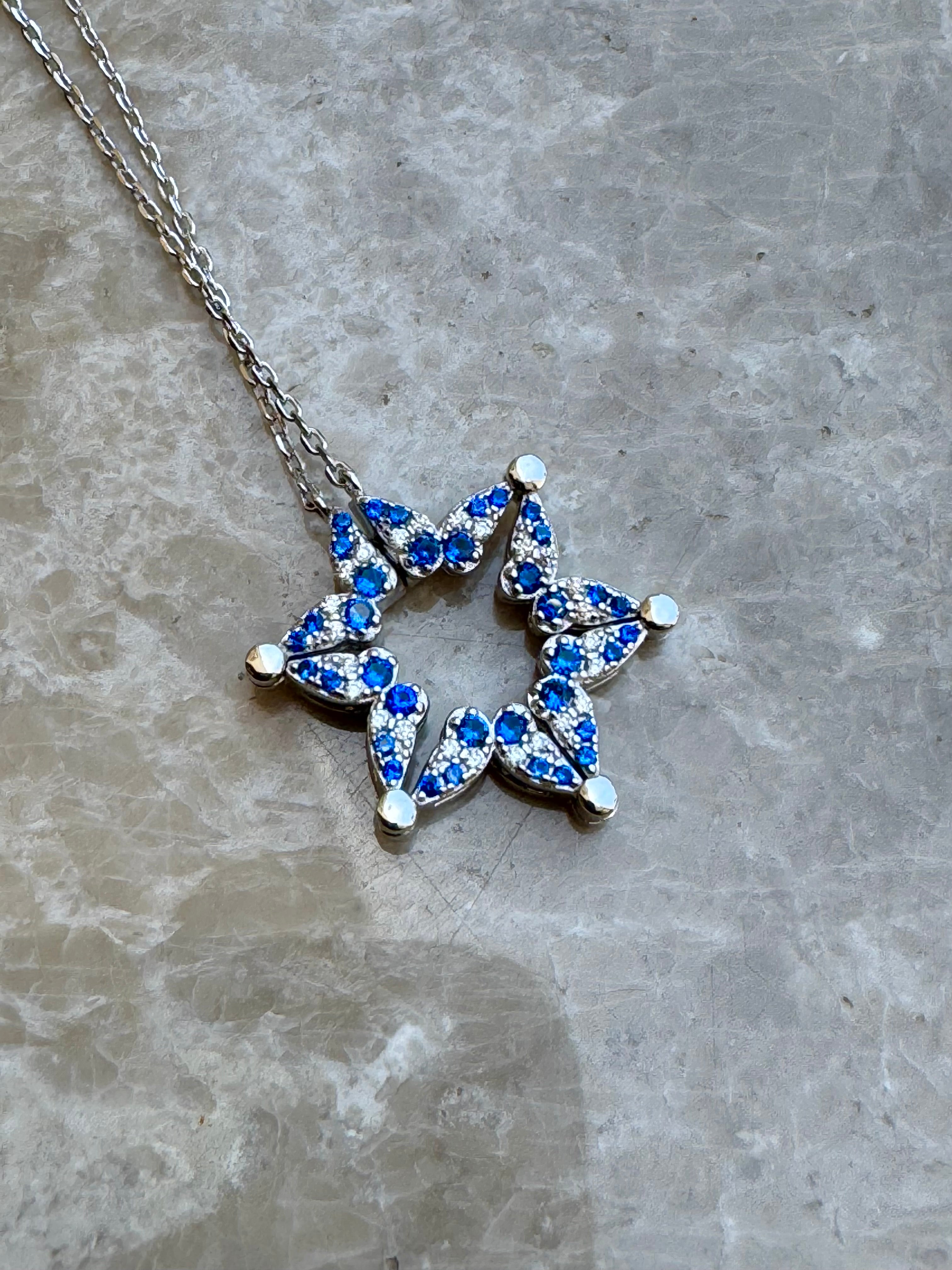 ‏"Blue & White Dotted Butterfly Magen David Necklace