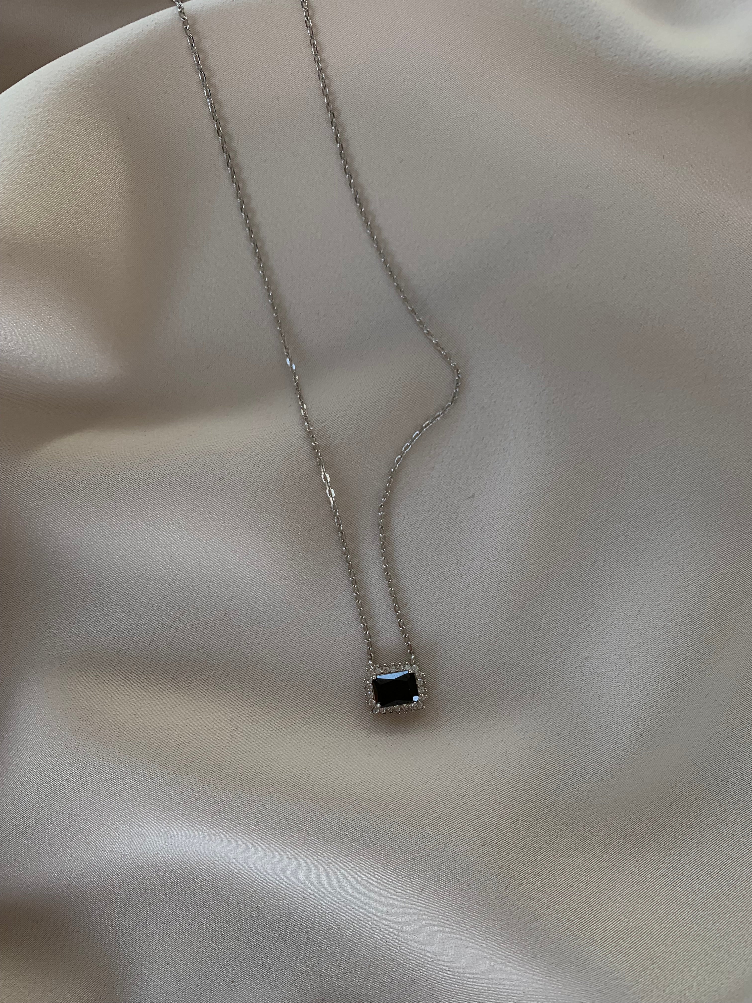 Rectangular Pendant Necklace with Black Stone