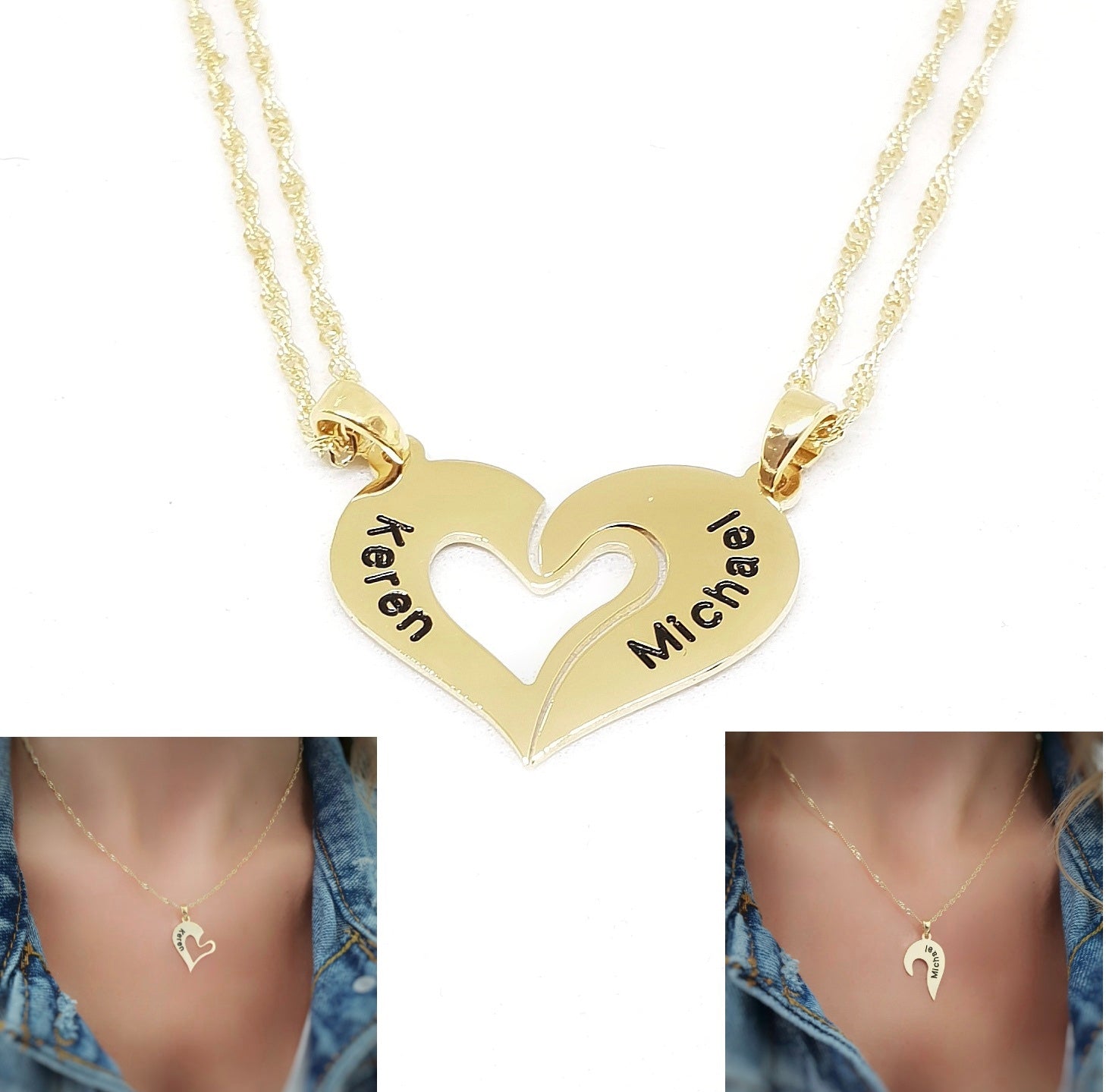 Pair of complementary half heart necklaces