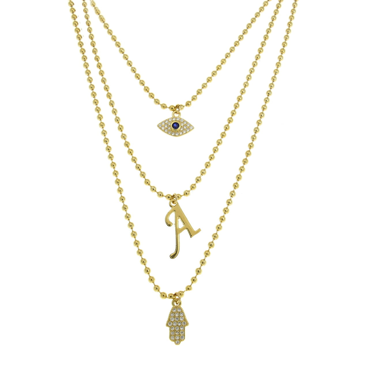 Triple Layer Necklace with Charms: Eye, Letter, and Hamsa