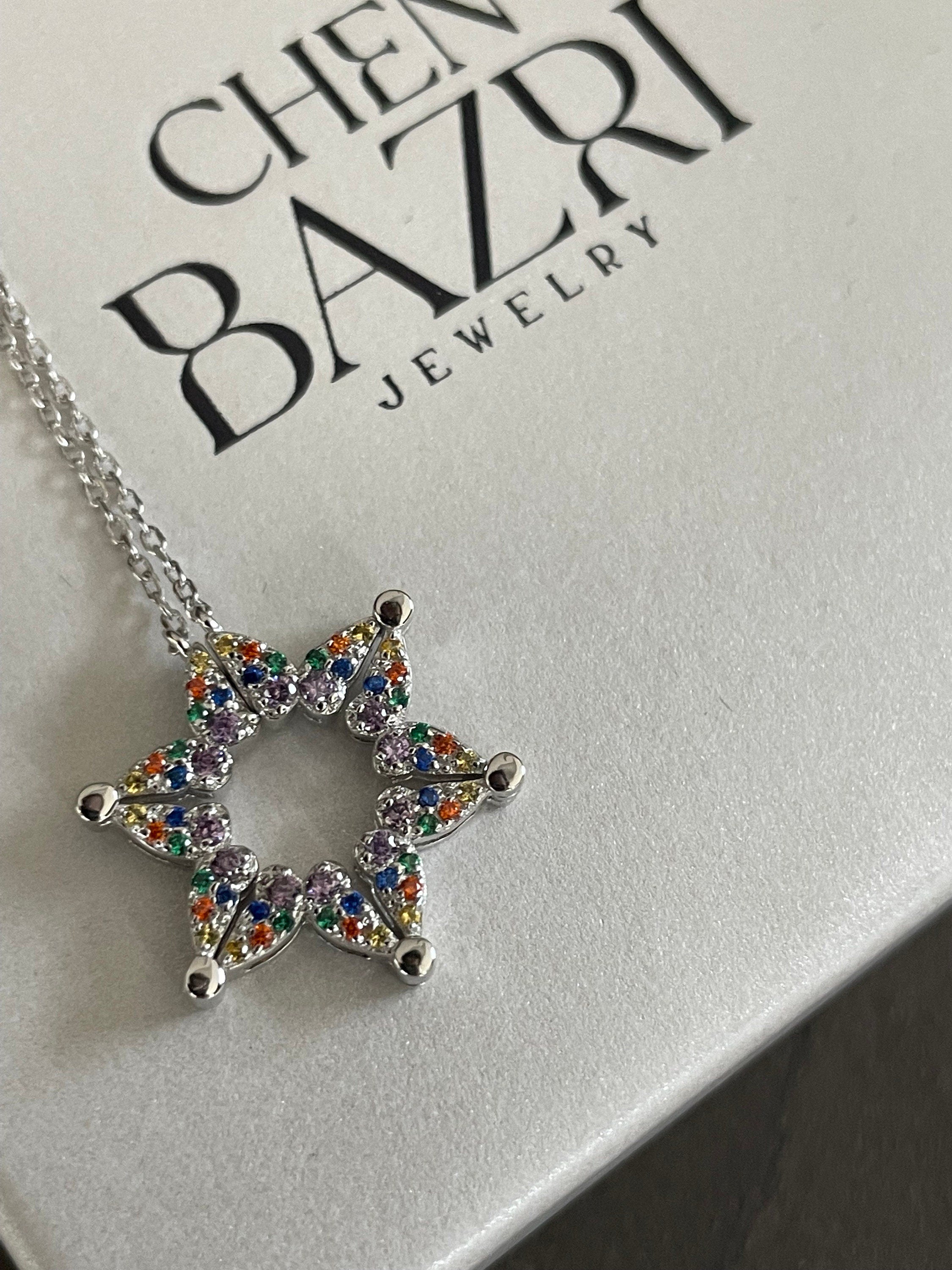 Butterfly Star of David Pendant Necklace, Intermittent Vibrant Colors