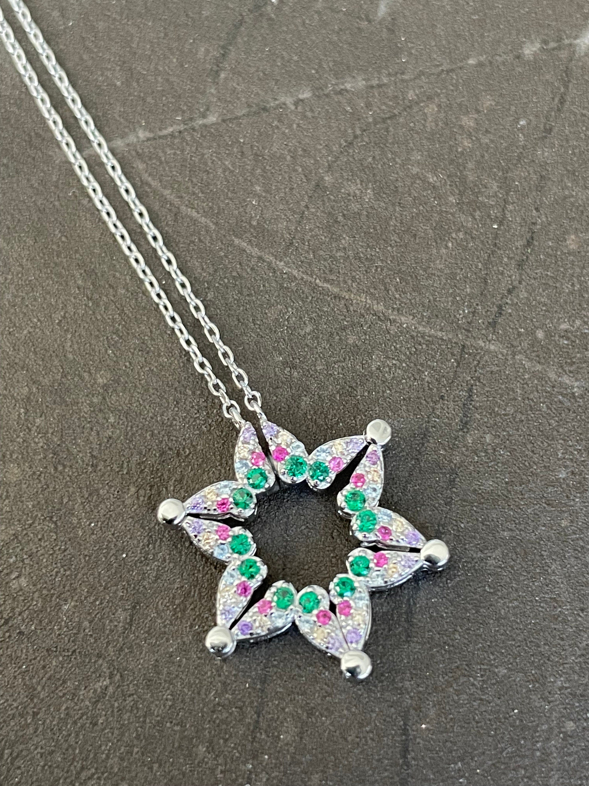 Colorful Butterfly Star of David Necklace