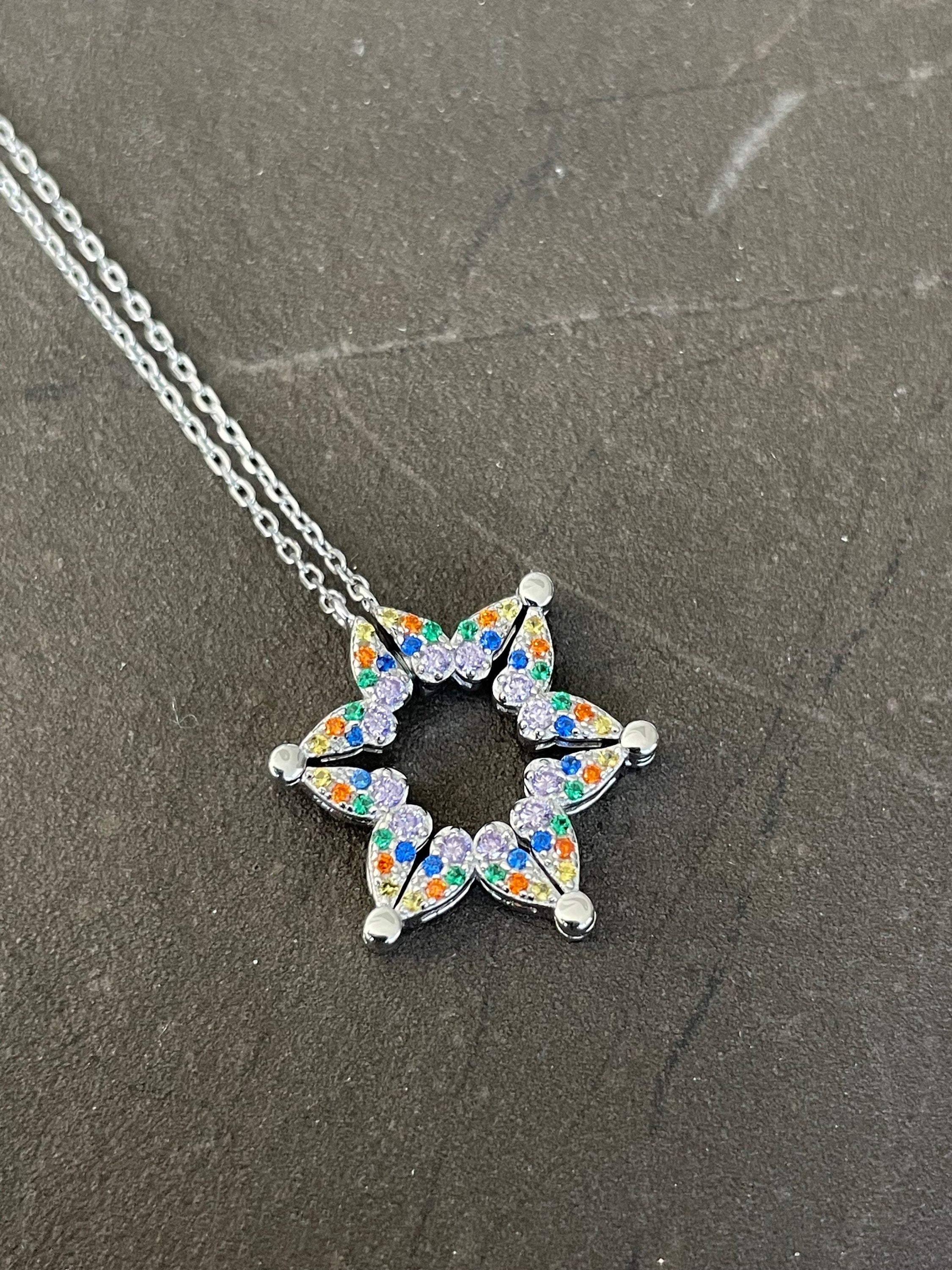 Butterfly Star of David Pendant Necklace, Intermittent Vibrant Colors